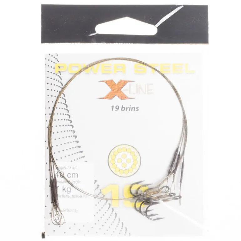 Bas de ligne acier carnassier x-line power steel 19 brins 40cm + ham. triple (x3)